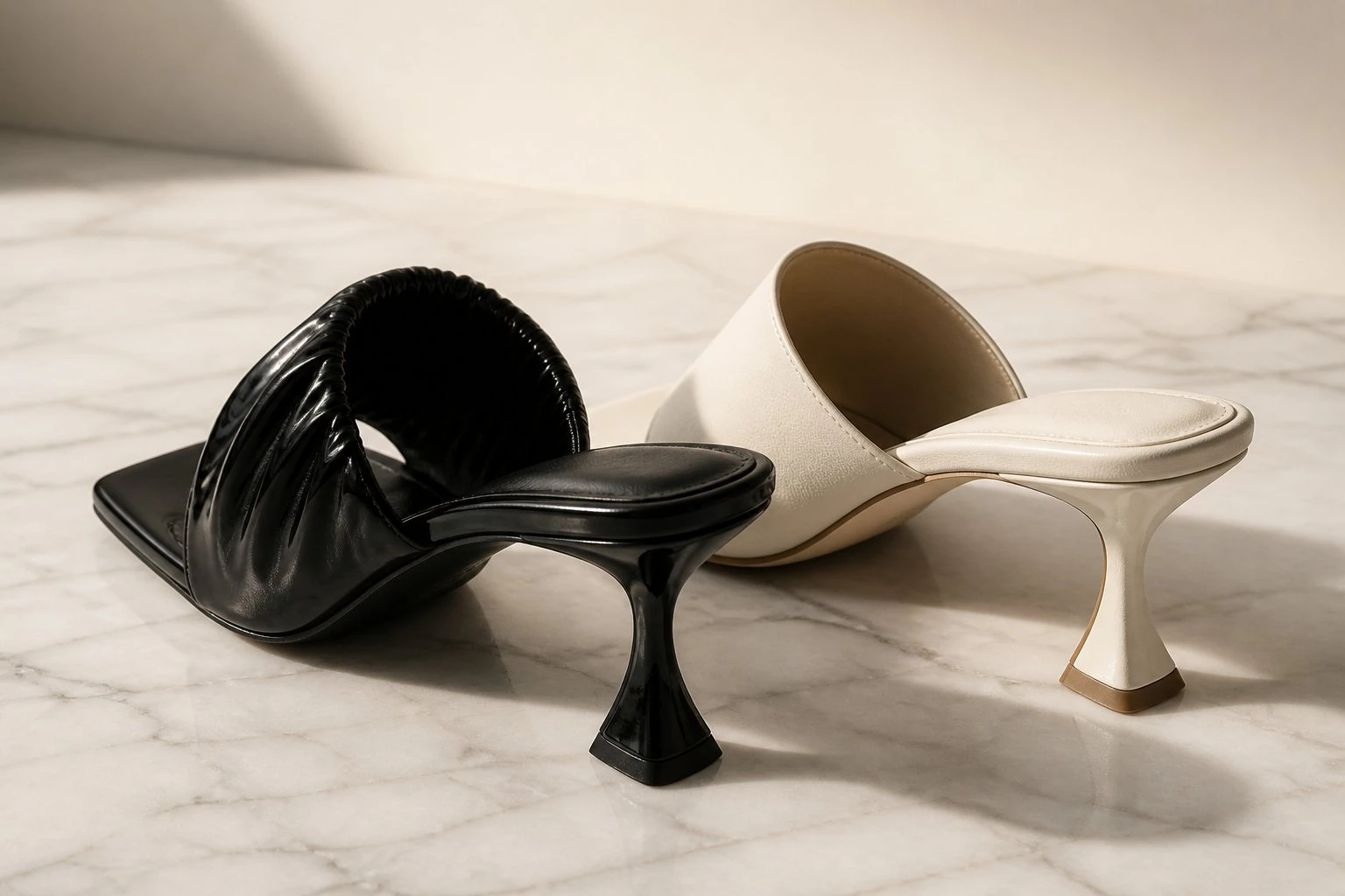 info-1-1 Two backless heeled mules seen from behind on a marble bench, showing the open heel, the band across the instep and the contoured footbed inside