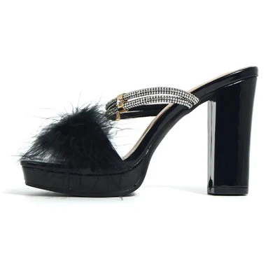 Black Feather Platform Rhinestone Mules