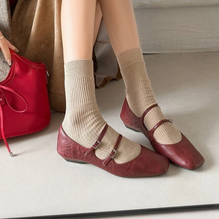 product-1-1 Burgundy double strap Mary Jane flats on foot with socks