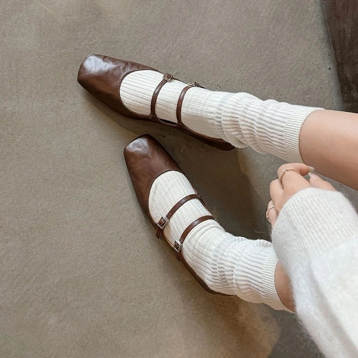 product-1-1 Chestnut sheep leather Mary Jane flats on foot