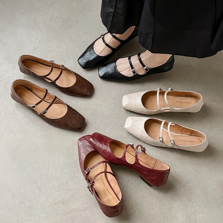product-1-1 Square toe Mary Jane flats in four colours, one pair worn