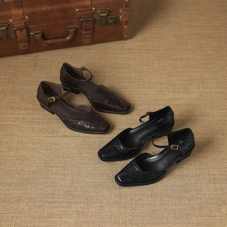 Black and brown sheep leather Mary Jane heels, both colourways