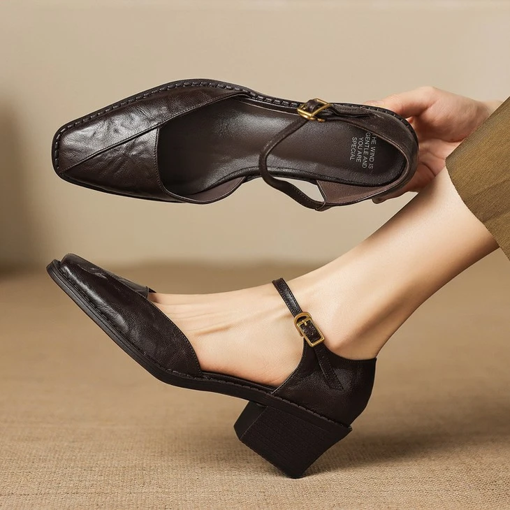 Brown sheep leather Mary Jane heel, sole up with printed insole
