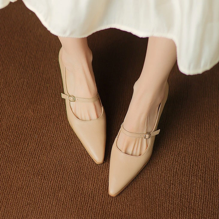 product-1-1 Apricot sheep leather Mary Jane pumps on foot