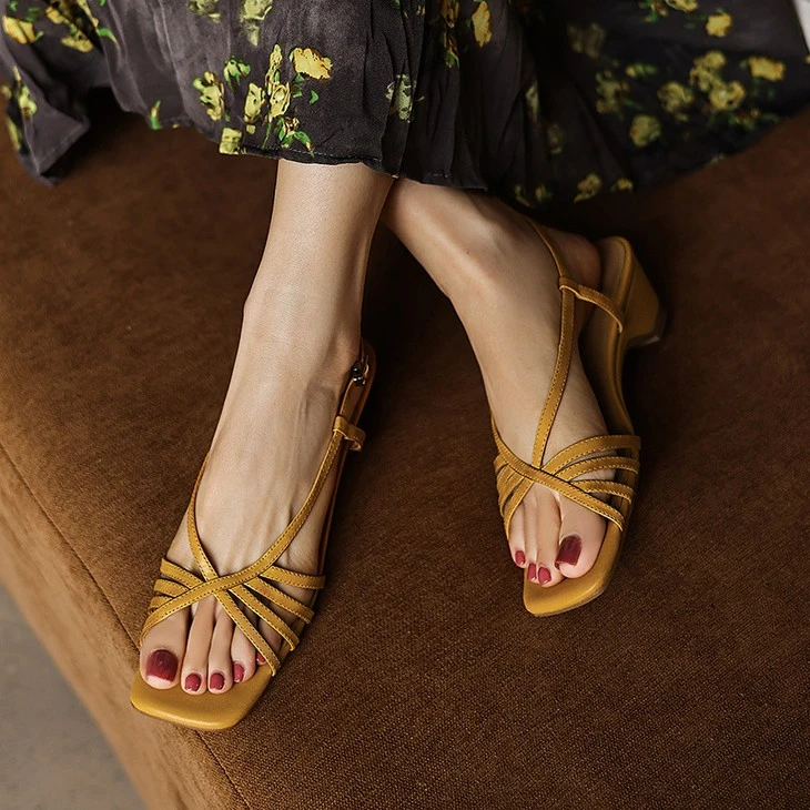 product-1-1 Mustard strappy leather sandals on foot, square toe
