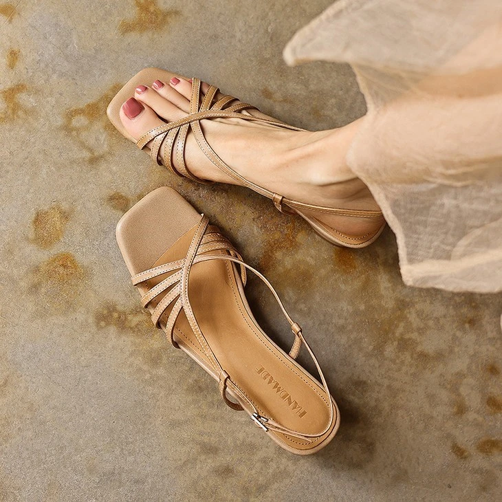 product-1-1 Nude square toe leather sandals worn with a sheer skirt