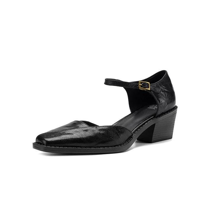 Women's Cut Out Sheep Leather Mary Jane Heels in Black And Brown