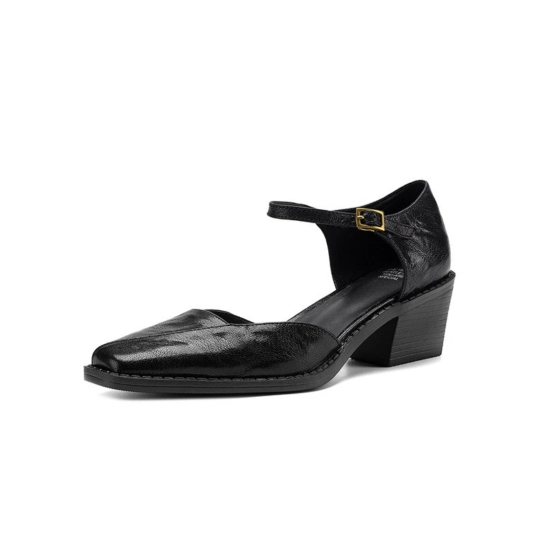 Women's Cut Out Sheep Leather Mary Jane Heels in Black And Brown suppliers