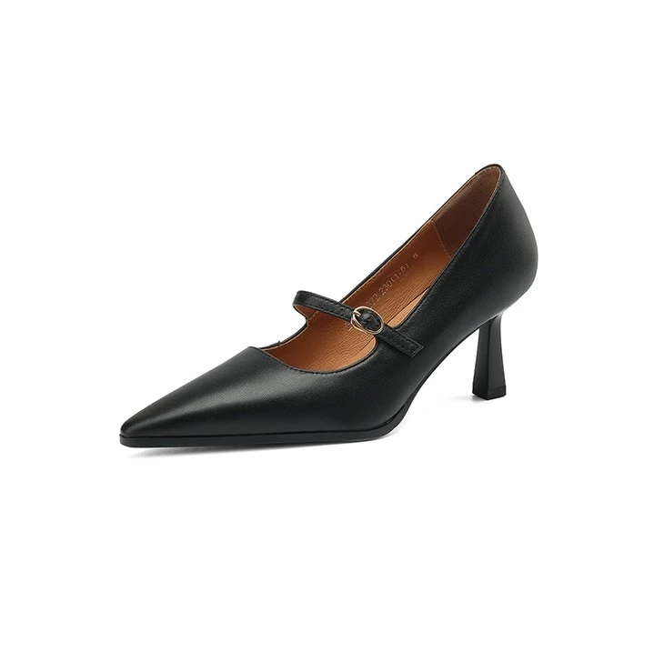 Women's Sheep Leather Mary Jane Pumps in Black And Apricot