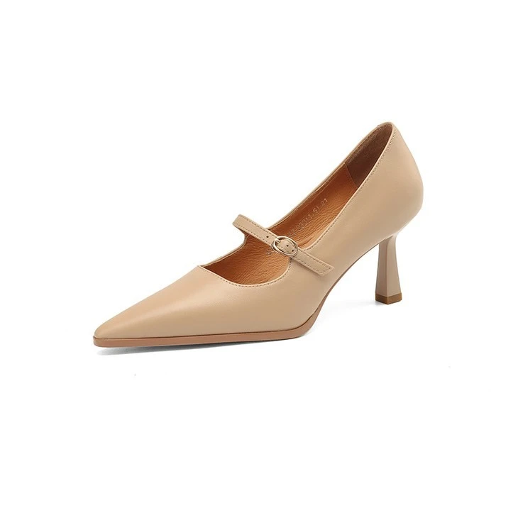 Women's Sheep Leather Mary Jane Pumps in Black And Apricot factory