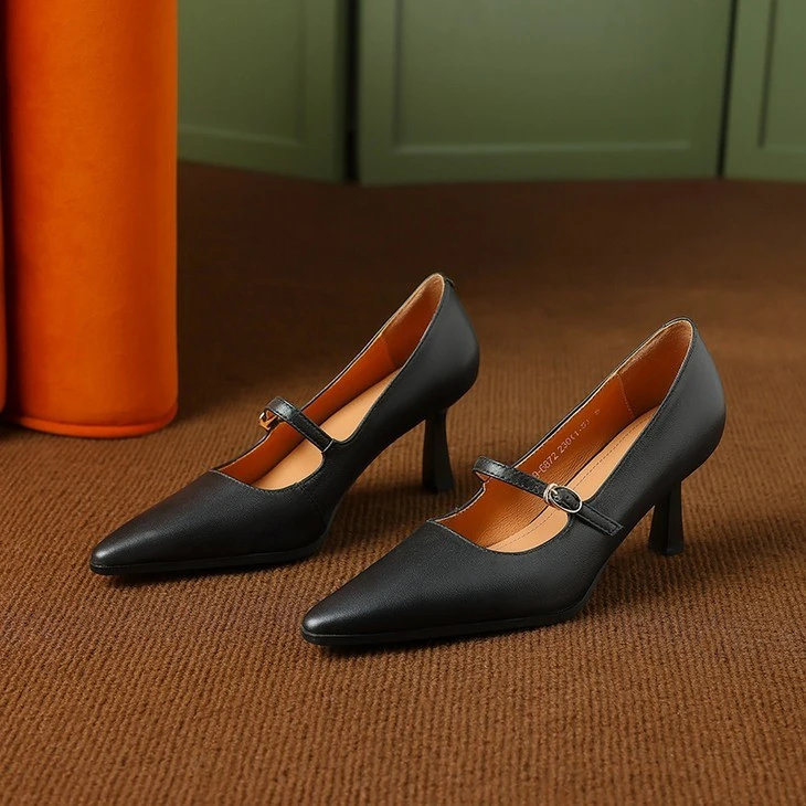 Women's Sheep Leather Mary Jane Pumps in Black And Apricot best