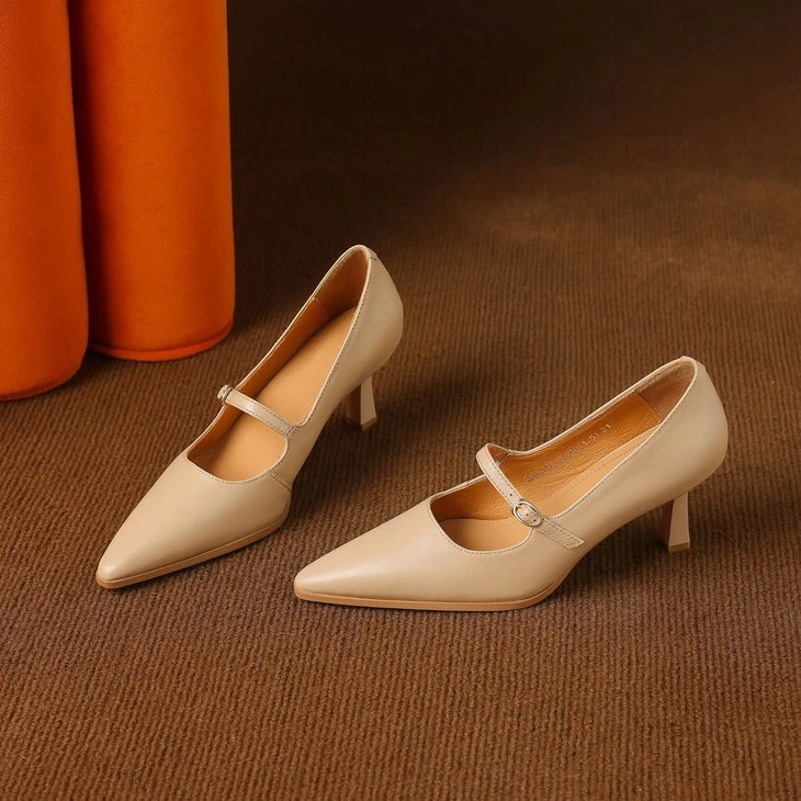 Women's Sheep Leather Mary Jane Pumps in Black And Apricot high quality
